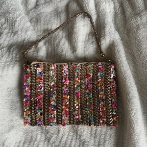 Source Unknown Multicolored Beaded Clutch with Gold Chain